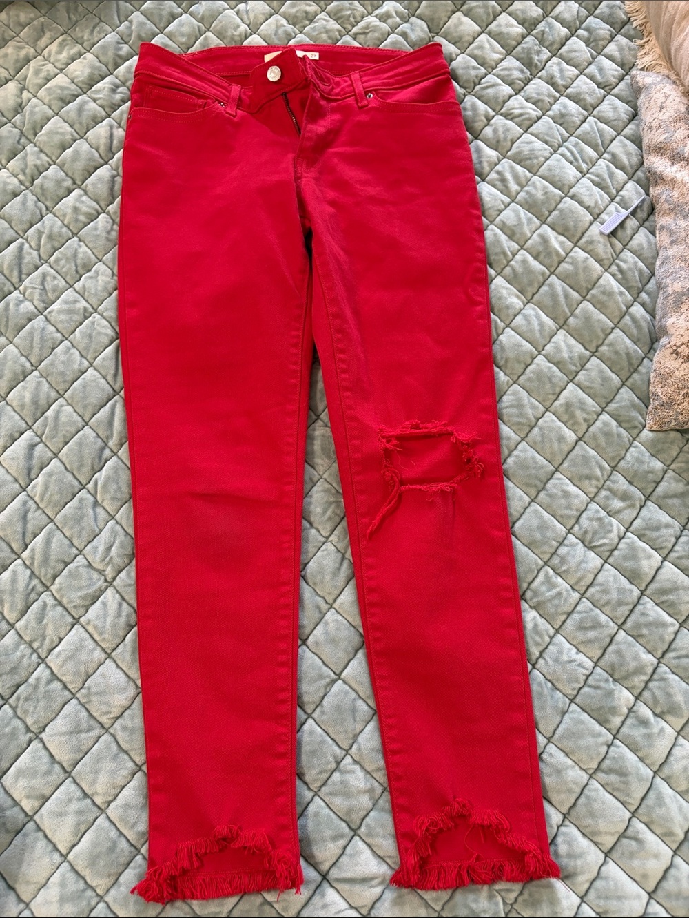 Levi's Women's Bright Red Skinny Jeans with Distressed Knee
